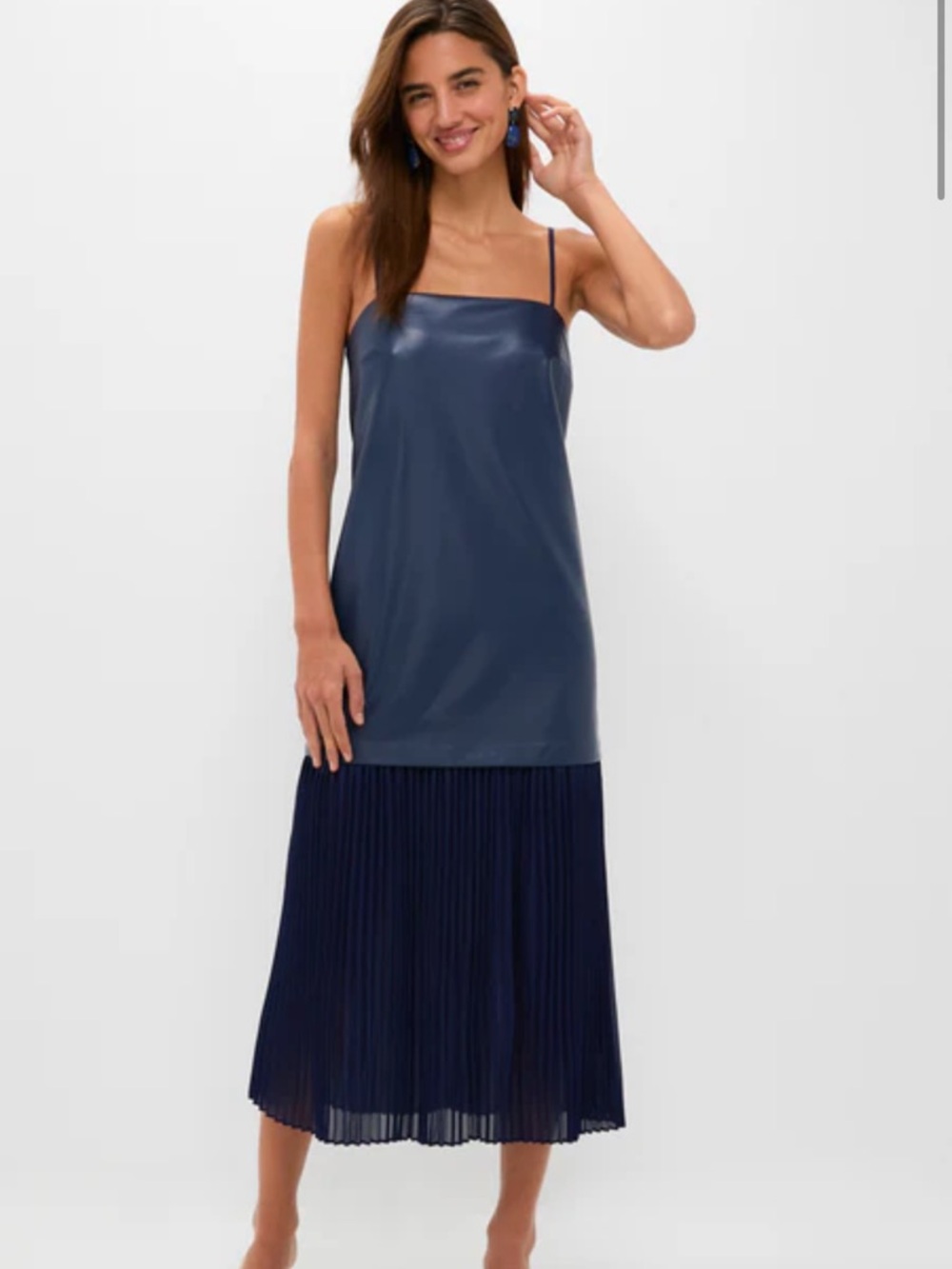 Hyacinth House Mixed Media Leather Pleated Ozzy Midi Dress NWT Navy Medium
